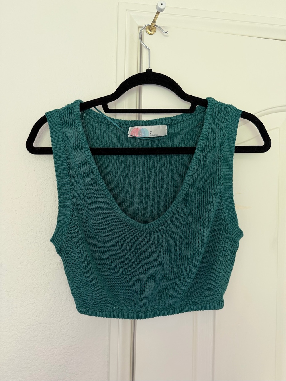 Free People Teal Knit Scoop Neck Crop Tank